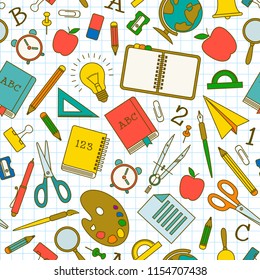 School doodle seamless pattern with supplies elements and objects on white paper sheet vector illustration