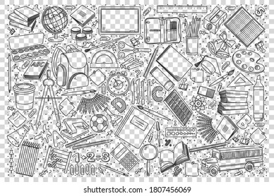 School doodle set. Collection of hand drawn sketches patterns templates of classroom equipment books blackboards desks on transparent background. Back to college unversity and education illustration.