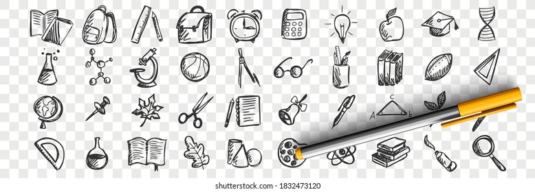 School doodle set. Collection of hand drawn sketches patterns templates of classroom equipment books blackboards desks on transparent background. Back to college unversity and education illustration. - Powered by Shutterstock - Get 15% off with code: PIKWIZARD15