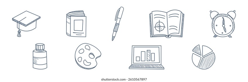 School Doodle Supply and Object Line Icon Vector Set
