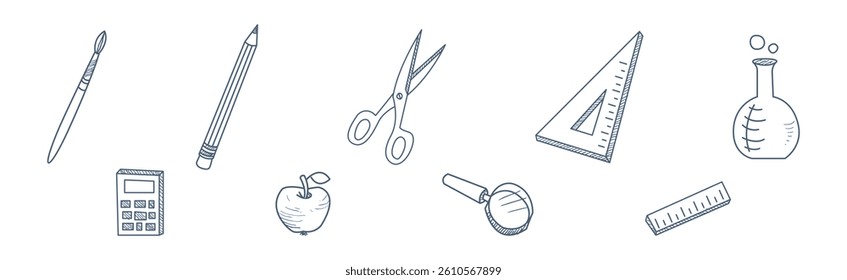 School Doodle Supply and Object Line Icon Vector Set