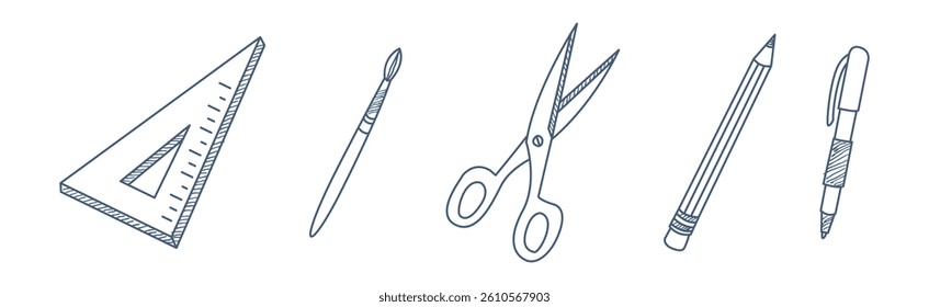 School Doodle Supply and Object Line Icon Vector Set