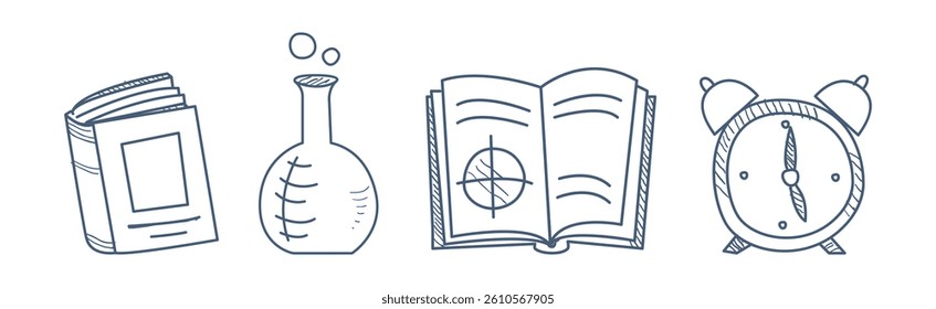 School Doodle Supply and Object Line Icon Vector Set