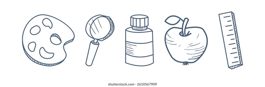 School Doodle Supply and Object Line Icon Vector Set