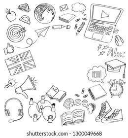 School Doodle Vector Set. Learning Of Foreign Languages. Hand Drawn Icons Online Training