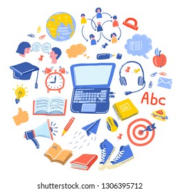 School Doodle vector set. learning of foreign languages. Hand drawn icons Online training