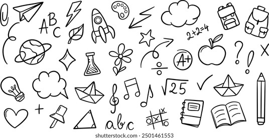 School doodles, back to school hand drawn clip art elements, vector illustration set