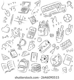 School doodles. Back to school. School supplies and elements are drawn Hand-drawn vector illustrations drawn with chalk or pencil lead, isolated