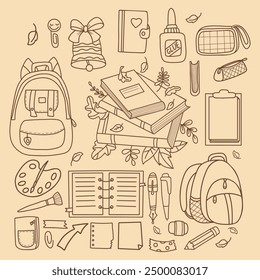 School doodles. Backpack, pencil cases, books, notebooks, accessories and stationery. Vector illustration. Isolated outline hand drawings for design and decoration Back to school