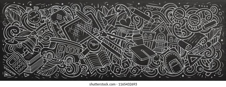 School doodles banner design. Day of knowledge hand drawn doodle art background. Back to school poster. First of September. Color book cover. Chalk board vector handdrawn illustration