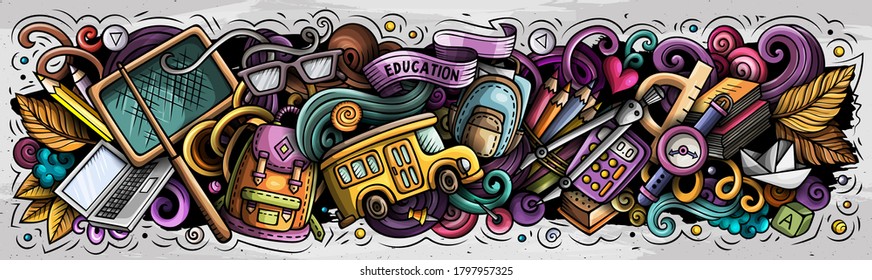 School doodles banner design. Day of knowledge hand drawn doodle art background. Back to school poster. First of September. Color book cover. Colorful vector handdrawn illustration