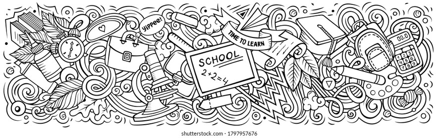 School doodles banner design. Day of knowledge hand drawn doodle art background. Back to school poster. First of September. Color book cover. Colorful vector handdrawn illustration