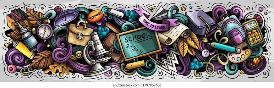 School doodles banner design. Day of knowledge hand drawn doodle art background. Back to school poster. First of September. Color book cover. Colorful vector handdrawn illustration