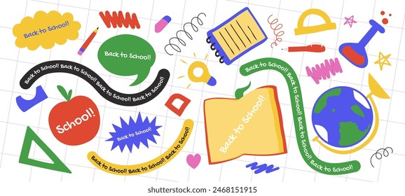 School doodles and drawings, back to school sticker set with school supplies, speech bubbles and abstract decorations, hand drawn design elements and decorations. Vector illustrations collection.