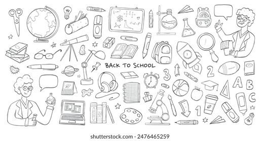 school doodles, education cartoon clip art, monochrome elements for cards, prints, posters, stickers, coloring pages, banners, etc. EPS 10