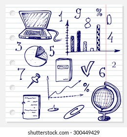 school doodles hand drawn set on lined paper