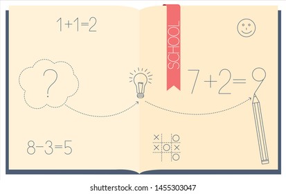 School doodles in a notebook with a bookmark. Solution of the problem, write numbers in pencil. Vector flat illustration on isolated white background. Solving a mathematical example. 
Tic Tac Toe.