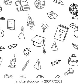 School doodles, pattern seamless. Back to school line icons supples, equipment, elements. Hand drawn scetches vector illustration background