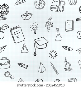 School doodles, pattern seamless. Back to school line icons supples, equipment, elements. Hand drawn scetches vector illustration background