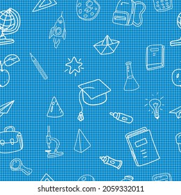 School doodles, pattern seamless. Back to school line icons supples, equipment, elements. Hand drawn scetches vector illustration background