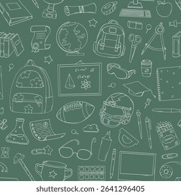 school doodles seamless pattern on green chalkboard background for wallpaper, backgrounds, wrapping paper, packaging, stationery decor, etc. Education theme. EPS 10
