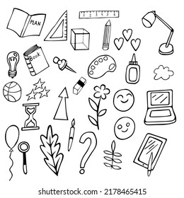 School doodles for September 1. Book notebook ruler button ball laptop tablet pen pencil ball emoticons eraser glue palette clock cube light bulb stars hearts