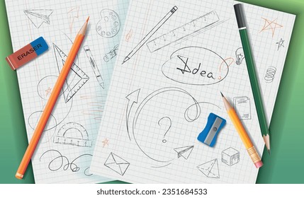 School doodles sketches at notebook sheets realistic background with scattered pencils eraser and sharpener vector illustration