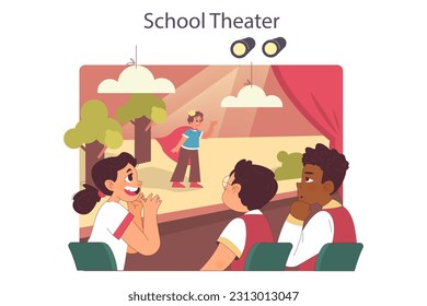 School drama club performance. Happy kids enjoying play together, watching a young actor on a stage. Friendship and creativity development. Flat vector illustration