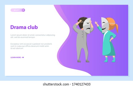 School drama club for pupils. Two kids playing scenes on stage with masks on their faces. Dramatic performance, children acting. Vector illustration in flat cartoon style