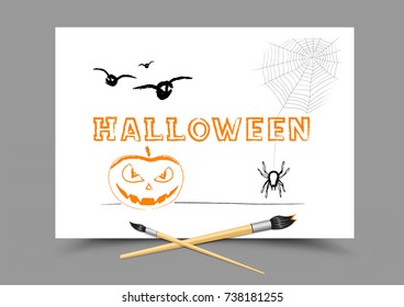 School drawing Halloween Holidays on white paper. Draw message spider cobweb bat angry and smile pumpkin
