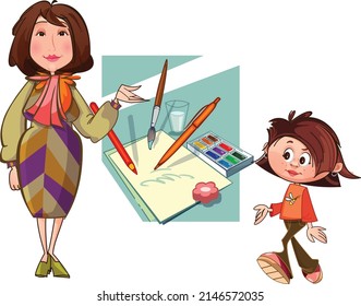 Escuela. Lección de dibujo. Lápices, pinceles y papel. Chica en un suéter rojo. El profesor habla. Maestra y colegiala. Chica con ropa de moda.