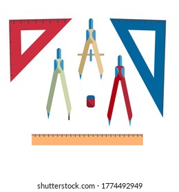 School drawing tool kit. Vector collection of drawing accessories. Compasses, rulers, squares and eraser isolated on a white background. Vector illustration in flat style.