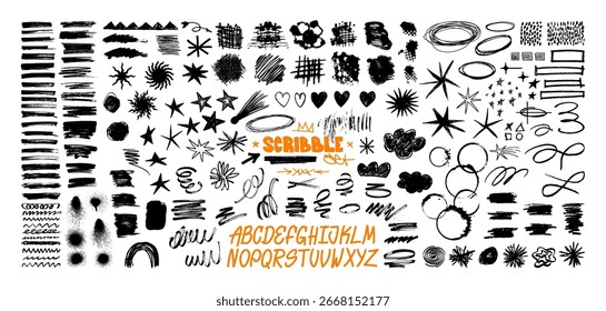 Dibujos escolares, garabatos de niños, dibujos descuidados en una pizarra escolar. Boceto de conjunto gráfico, garabatos: flechas, círculos, pinceladas, estrellas dibujadas con un lápiz, tiza. Vector conjunto de garabatos