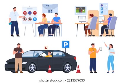 School of drivers. Teaching traffic rules and safe driving. Vector illustration