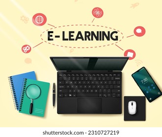 School e learning text vector design. Online class with laptop and mobile phone technology devices for home schooling. Vector illustration for online education.