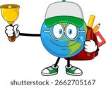 School Earth Globe Cartoon Character Ringing Bell – Vector Hand Drawn Illustration Isolated On Transparent Background