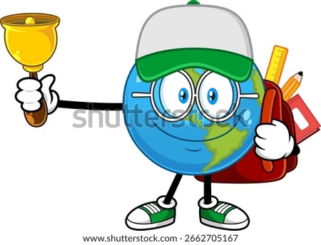 School Earth Globe Cartoon Character Ringing Bell – Vector Hand Drawn Illustration Isolated On Transparent Background