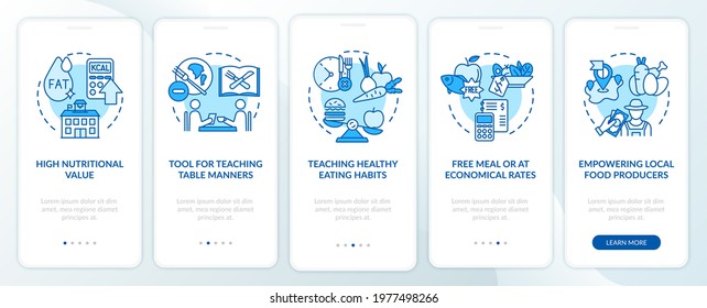 School eating rules onboarding mobile app page screen with concepts. High vitamin meal walkthrough 5 steps graphic instructions. UI, UX, GUI vector template with linear color illustrations