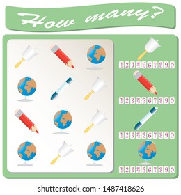 School ecuipment. Logical task. Count and mark the number of objects. Vector illustration