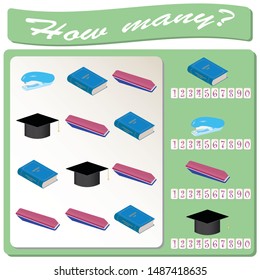 School ecuipment. Logical task. Count and mark the number of objects. Vector illustration