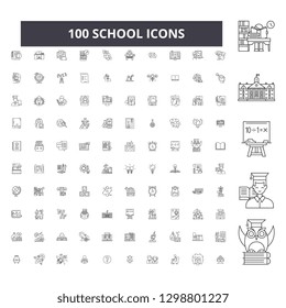 School editable line icons, 100 vector set, collection. School black outline illustrations, signs, symbols