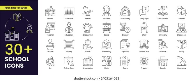 School Editable Stroke icon set. Contains classroom, student, and teacher icons; and education and knowledge symbols. Outline icon vector collection.