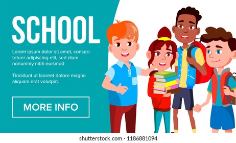 School Eduacation Banner Vector. Girls, Boys Student Smiling. Poster, Website, Invitation. Pupils. Illustration
