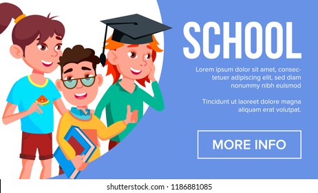 School Eduacation Banner Vector. Multiracial Children. Advertising Brochure. Pupils. Illustration
