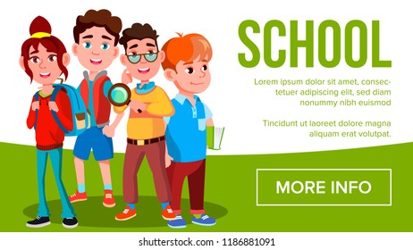 School Eduacation Banner Vector. Pupils. Joyfull Children. Poster, Website, Invitation. Illustration