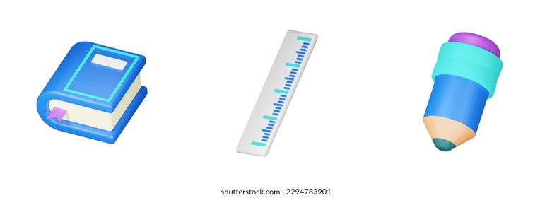 School and Education 3D Icons, book, ruler, pencil