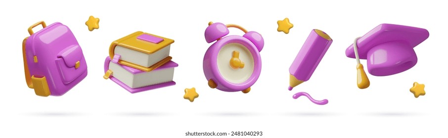 School and education 3d icons set. Kids study cute purple three dimensional vector elements collection isolated on white background.