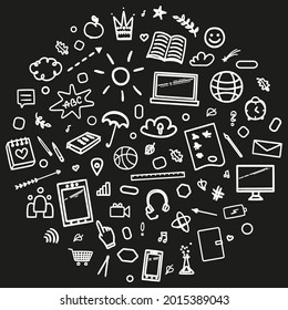 School education. Abstract blackboard with school supplies. Education concept. Black and white illustration