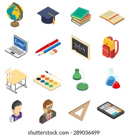 School education accessories isometric icons set with calculator and retort in chemistry lab abstract isolated vector illustration