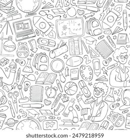 school, education, back to school seamless pattern with monochrome doodles for wallpaper, backgrounds, coloring pages, scrapbooking, prints, etc. EPS 10